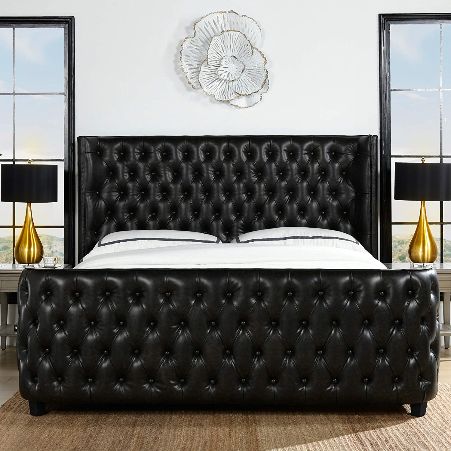 【Furniture】Tufted Panel Bed Headboard and Footboard Set, King, Light Beige