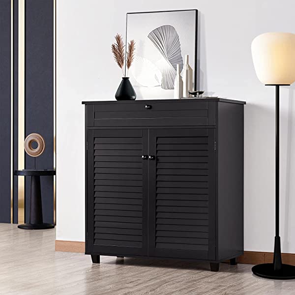 Yaheetech Shoe Cabinet Bathroom Storage Cabinet with 1 Drawer & Adjustable Shelf, Shoe Rack Pinter Stand for Home Office, Black