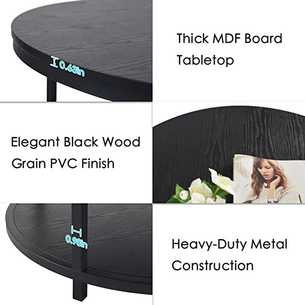 Round Coffee Table Rustic Vintage Industrial Design Furniture Sturdy Metal Frame Legs Sofa Table Cocktail Table with Storage Open Shelf for Living Room, Easy Assembly, Gray Brown