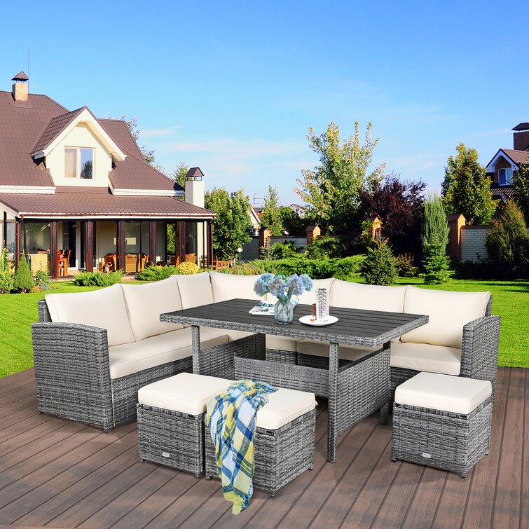 【Home&Garden】Stefanie Polyethylene (PE) Wicker 9 - Person Seating Group with Cushions