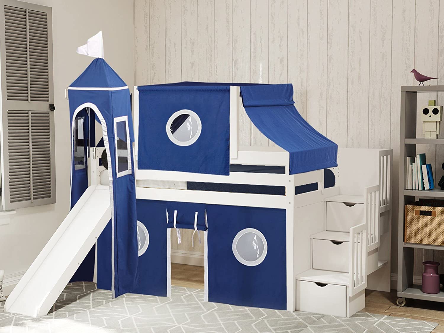 【Furniture】Princess Low Loft Stairway Bed with Slide Pink & White Tent & Tower, Loft Bed, Twin, White