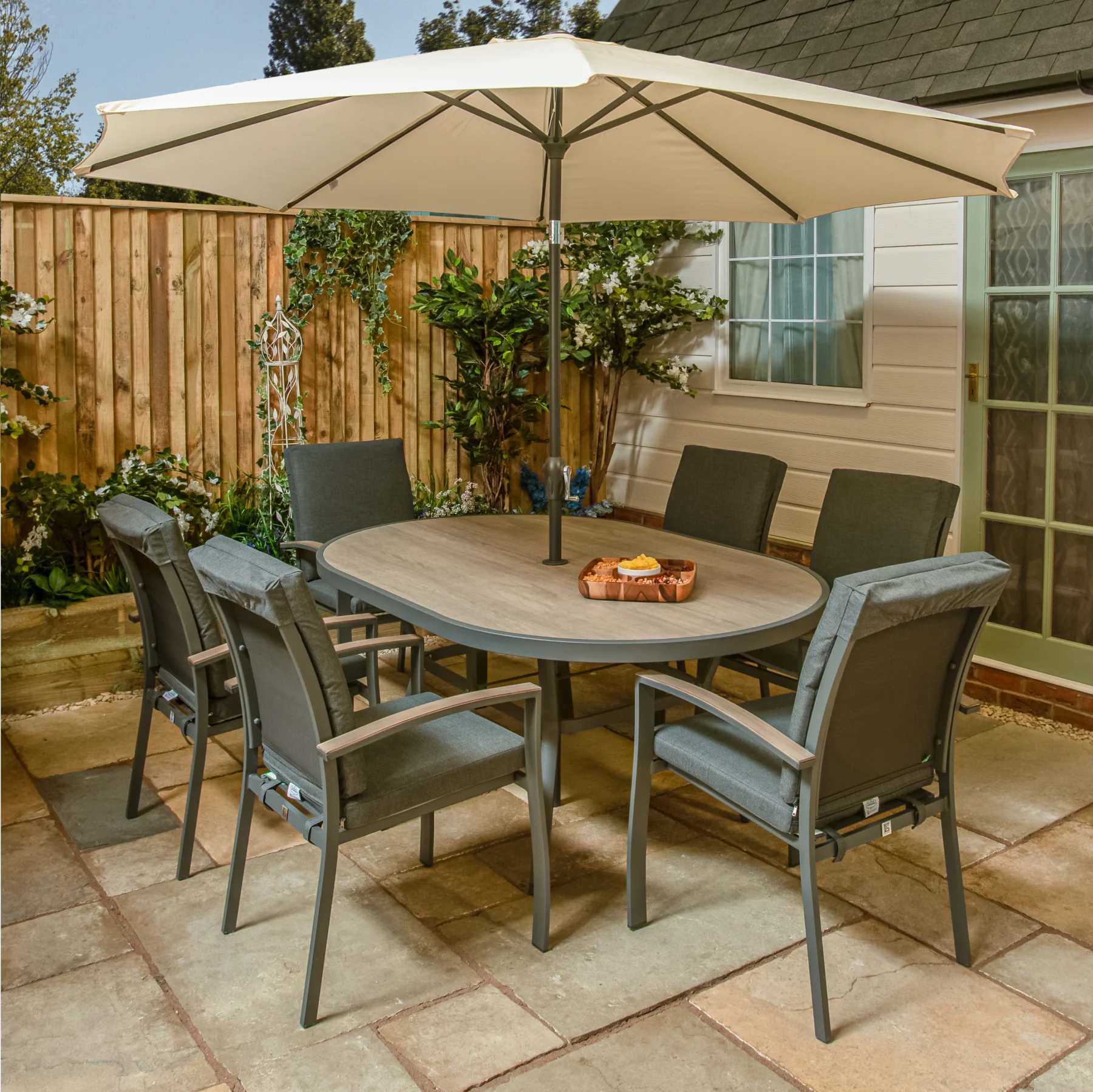 LG Outdoor Monza Aluminium 6 Seat Cushioned Armchair Garden Furniture Dining Set