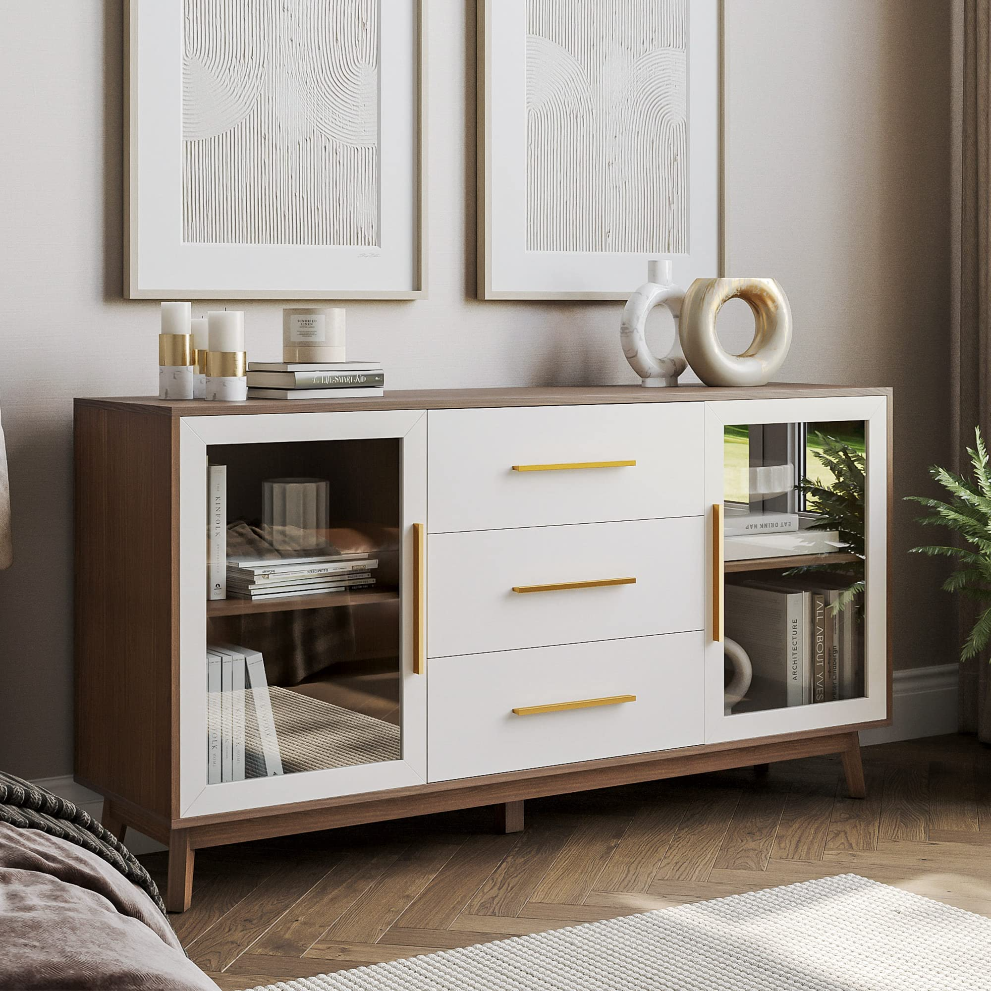 【Furniture】Sideboard Buffet Cabinet with 3 Drawers & 2 Doors, Console Table for Kitchen