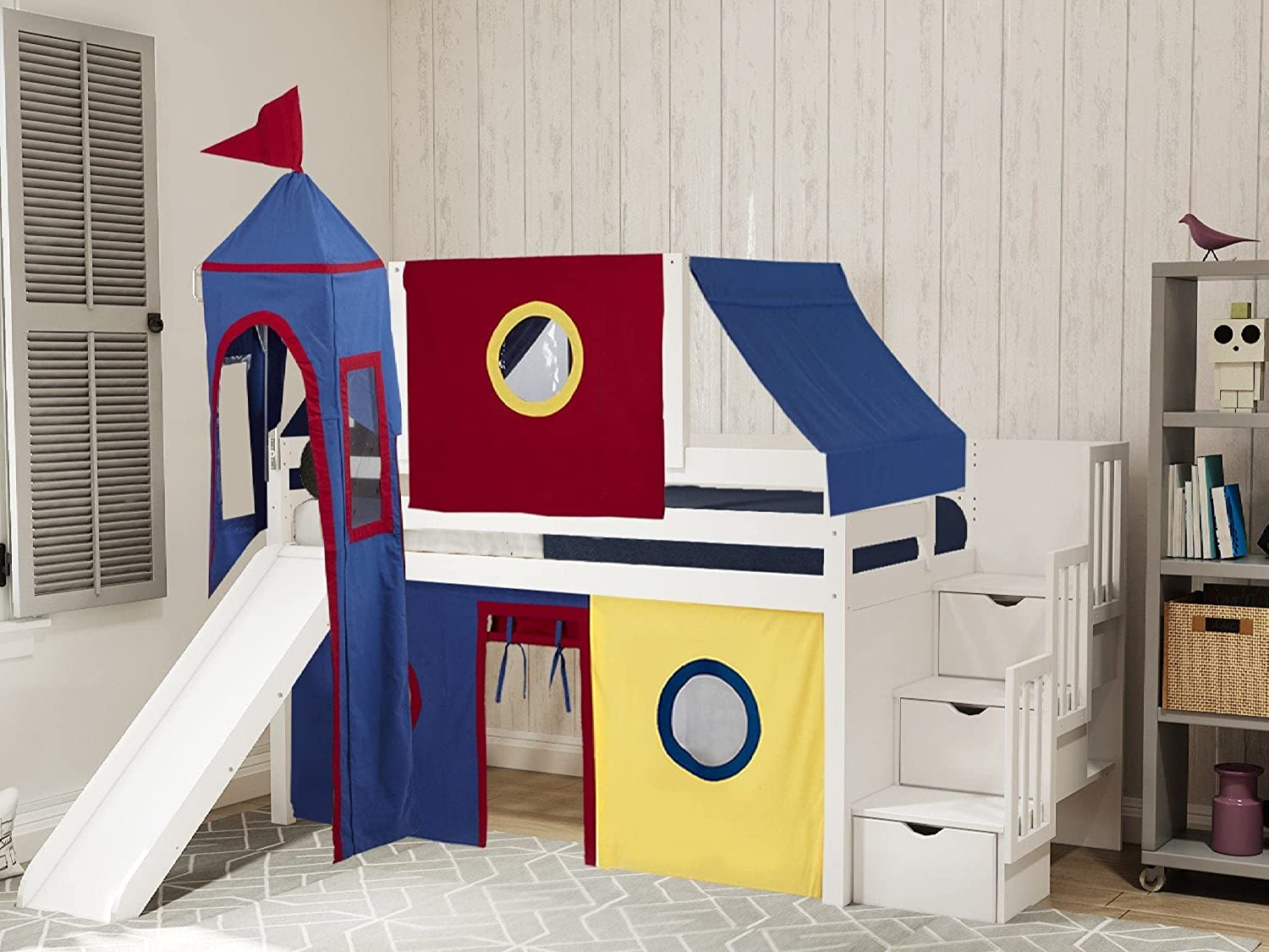 【Furniture】Princess Low Loft Stairway Bed with Slide Pink & White Tent & Tower, Loft Bed, Twin, White