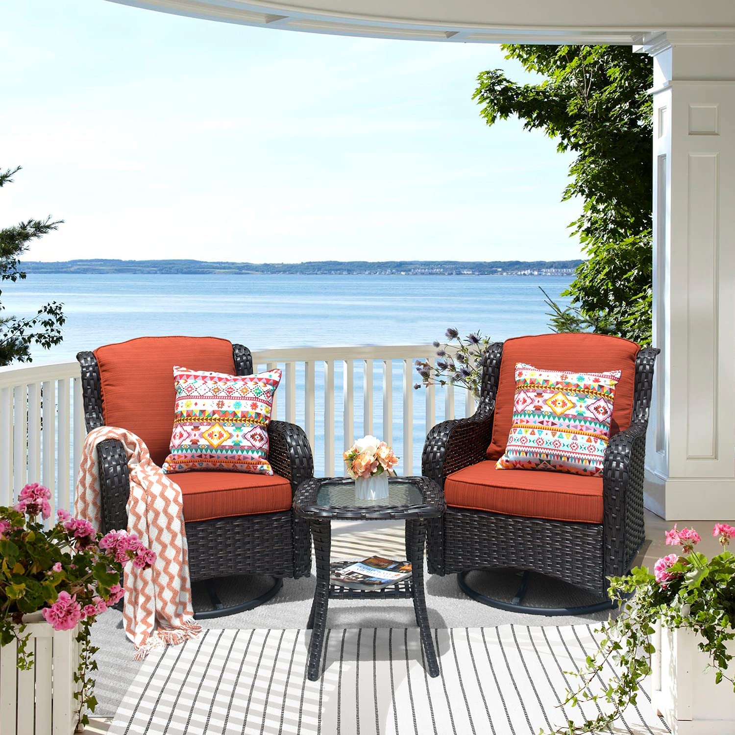 【Furniture】Patio Chair Outdoor Wicker Swivel Rocker Patio Chairs Set of 2 & Matching Side Table