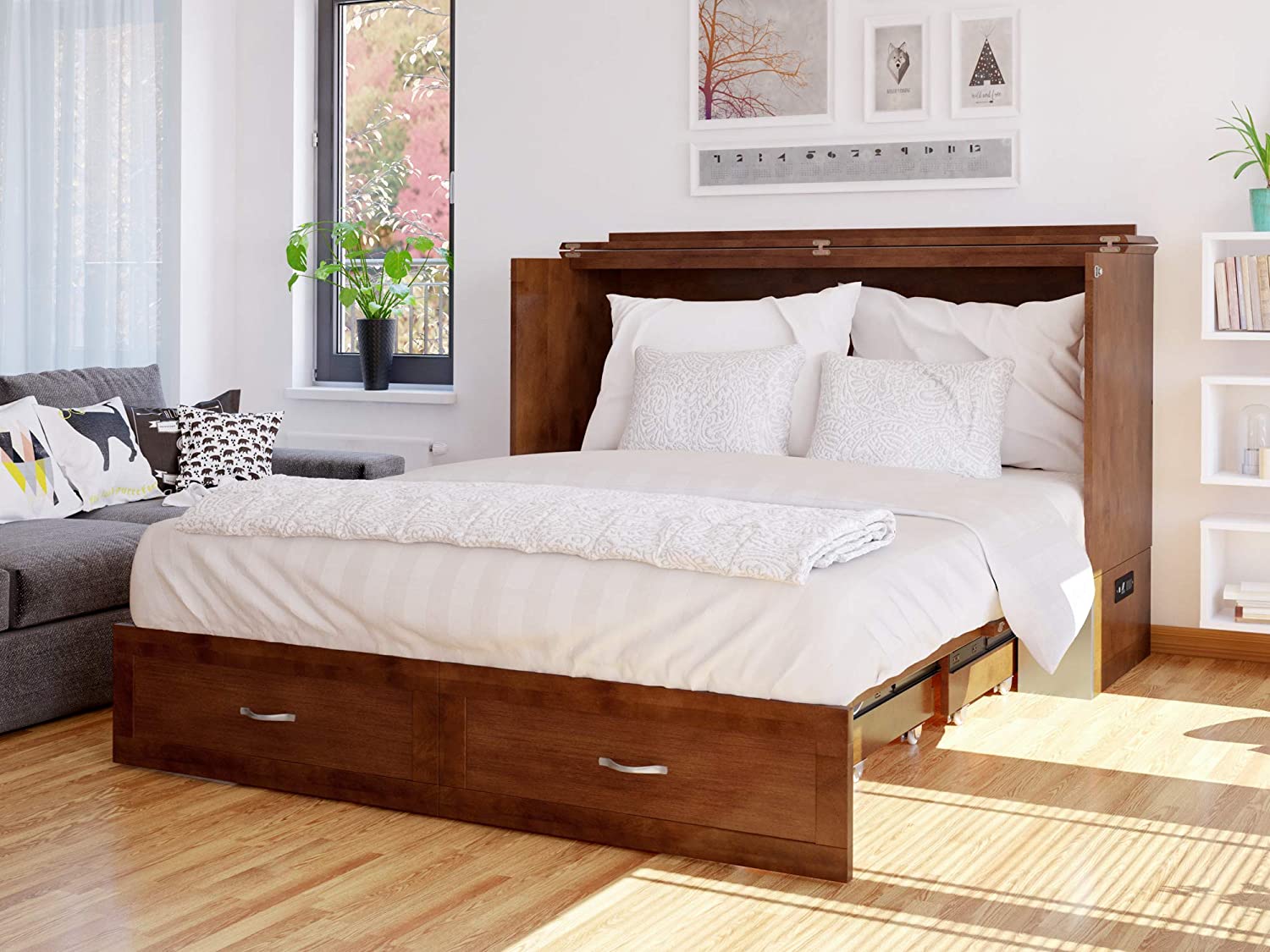 【Furniture】Atlantic Furniture Nantucket Murphy Bed Chest with Charging Station & Mattress, Queen, Espresso