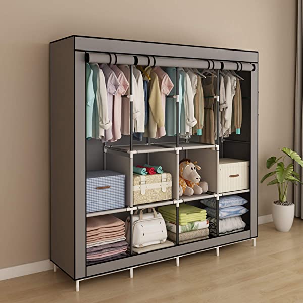 YAYI Portable Wardrobe Clothing Wardrobe Shelves Clothes Storage Organiser with 4 Hanging Rail,Grey