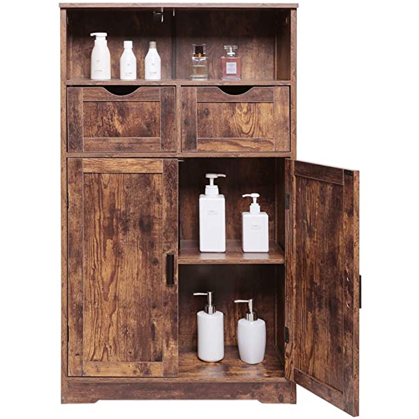 IWELL Large Storage Cabinet with 2 Adjustable Drawers & 2 Shelf, 42.5”H x 23.6”L x 11.8”W, Floor Storage Cabinet with Double Door, Sideboard, Cupboard for Living Room, Home Office, Rustic Brown