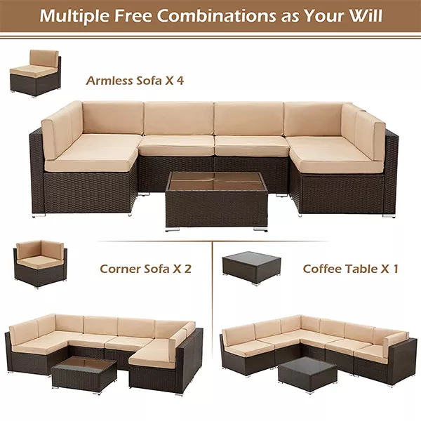7 PIECE OUTDOOR PATIO FURNITURE SET, PE RATTAN WICKER SOFA SET