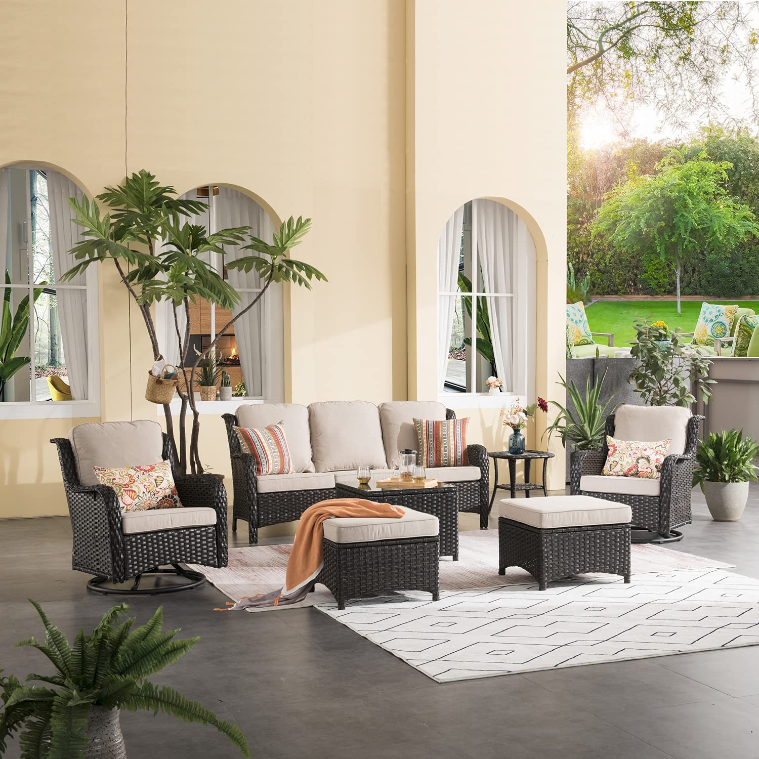 【Furniture】Patio Furniture Sets 7 Pieces Outdoor Furniture All Weather Wicker Conversation Set
