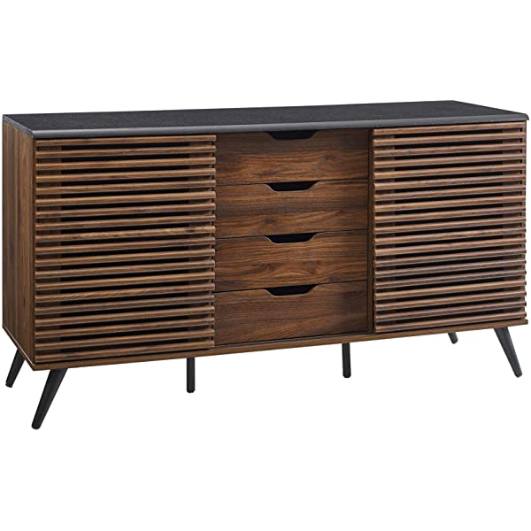 Walker Edison Modern 4 Drawer Sliding Door Wood Cabinet Buffet Entryway Serving Storage Cabinet Doors Dining Room Console, 59 Inch, Black and Dark Walnut