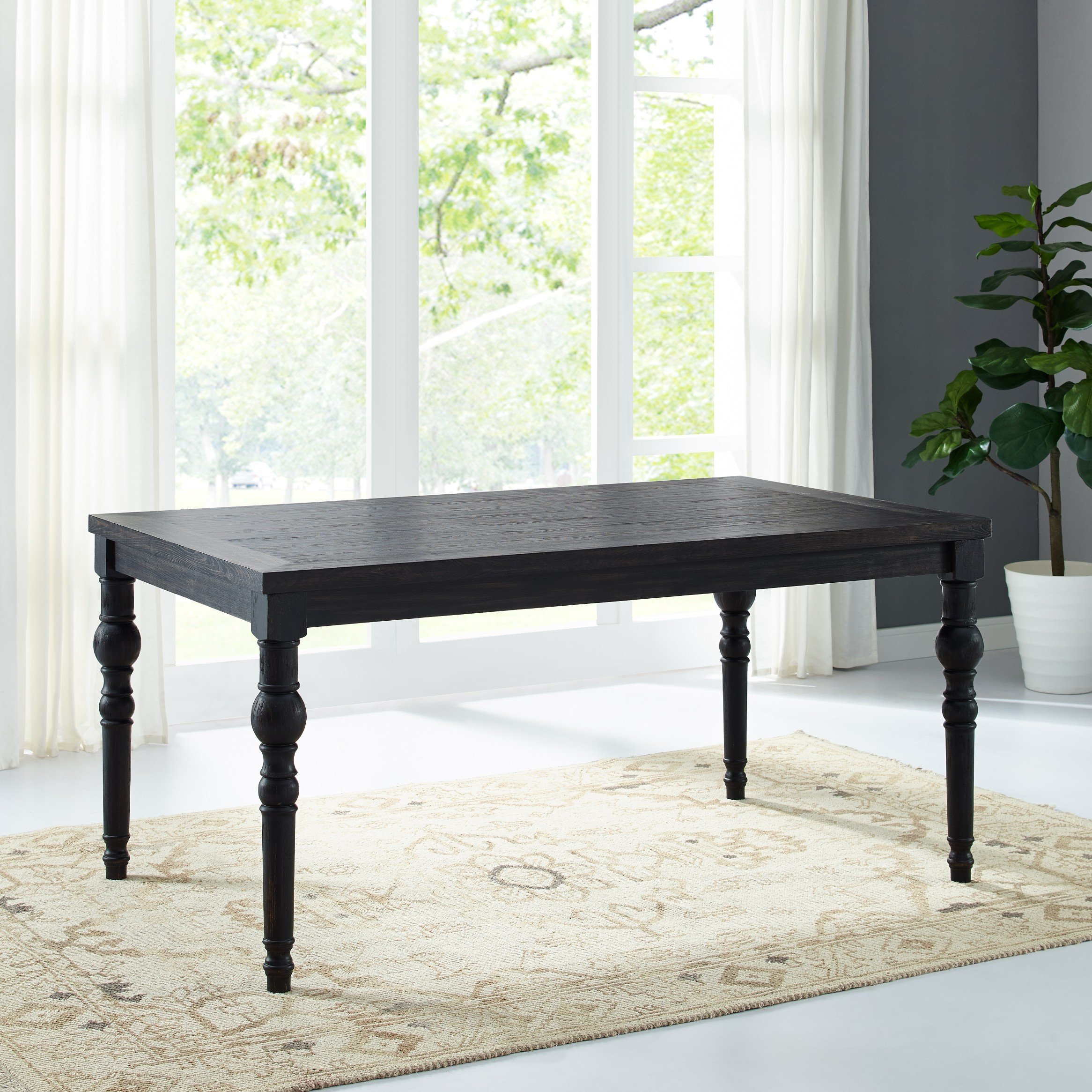 【Furniture】Aneta Urban Style Dark Washed Wood Dining Set: Table, 4 Chairs & Bench, Purple