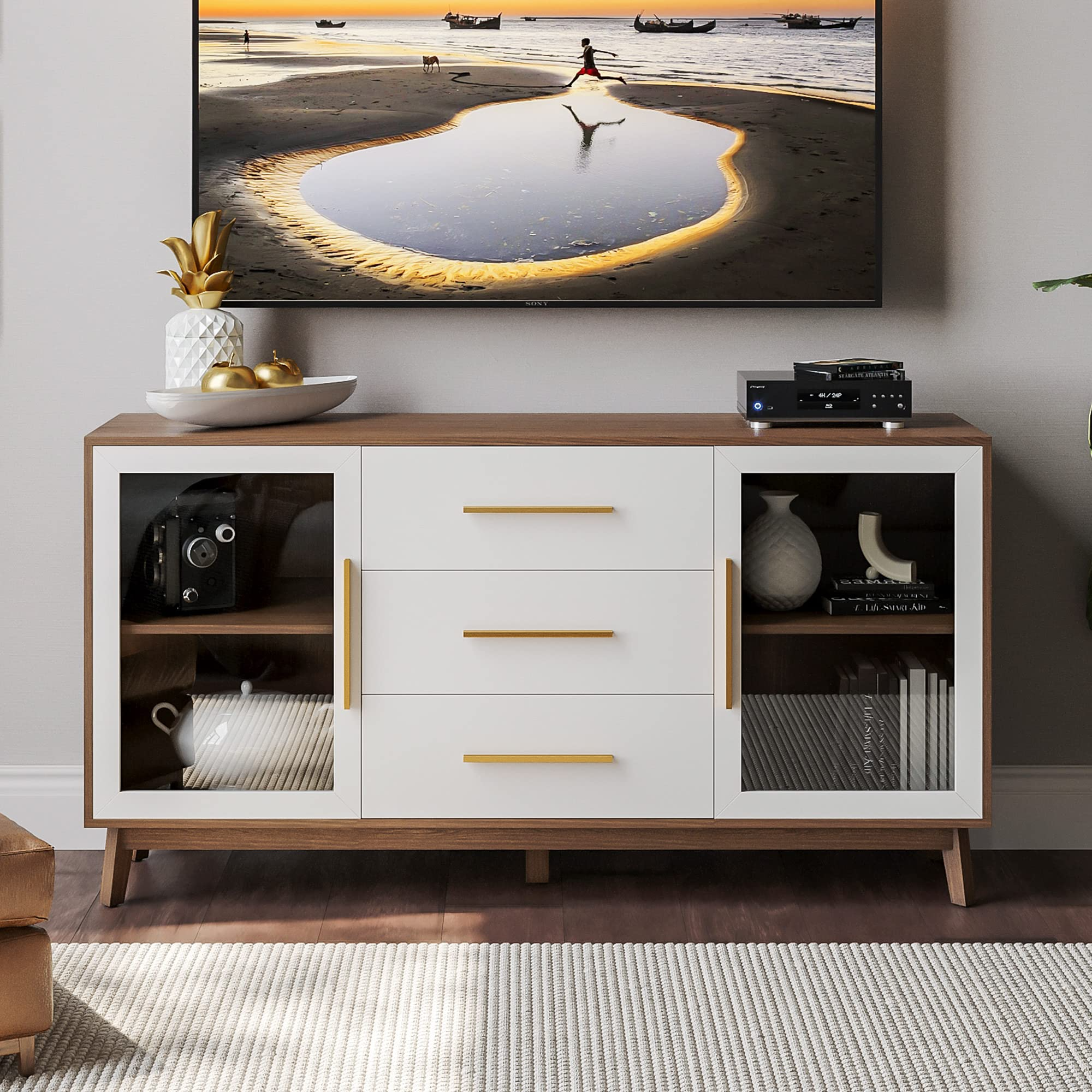 【Furniture】Sideboard Buffet Cabinet with 3 Drawers & 2 Doors, Console Table for Kitchen