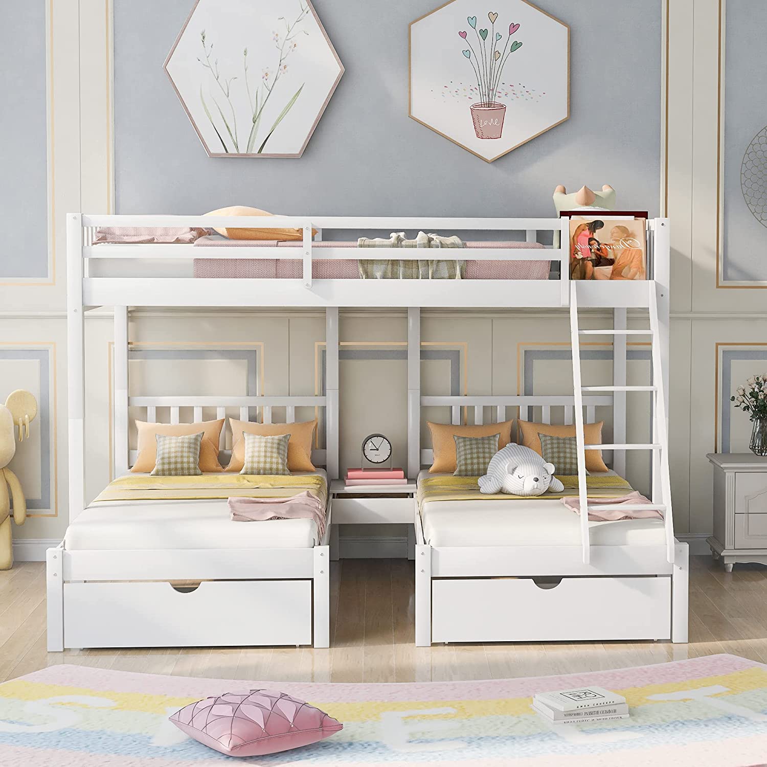 【Furniture】Triple Bunk Bed Full Over 2 Twin Bunk Bed with 3 Drawers & Guardrails, Bunk Bed for Family, Teens