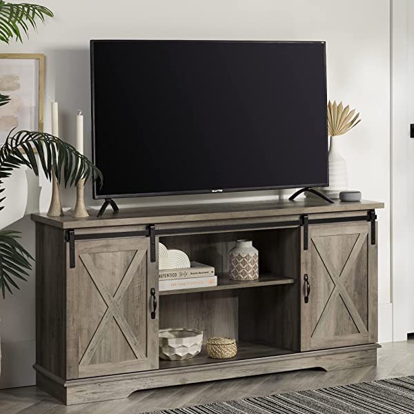 Walker Edison Richmond modern farmhouse sliding barn door TV stand for up to 52 inches, white and rustic oak white without fireplace 52 inches TV
