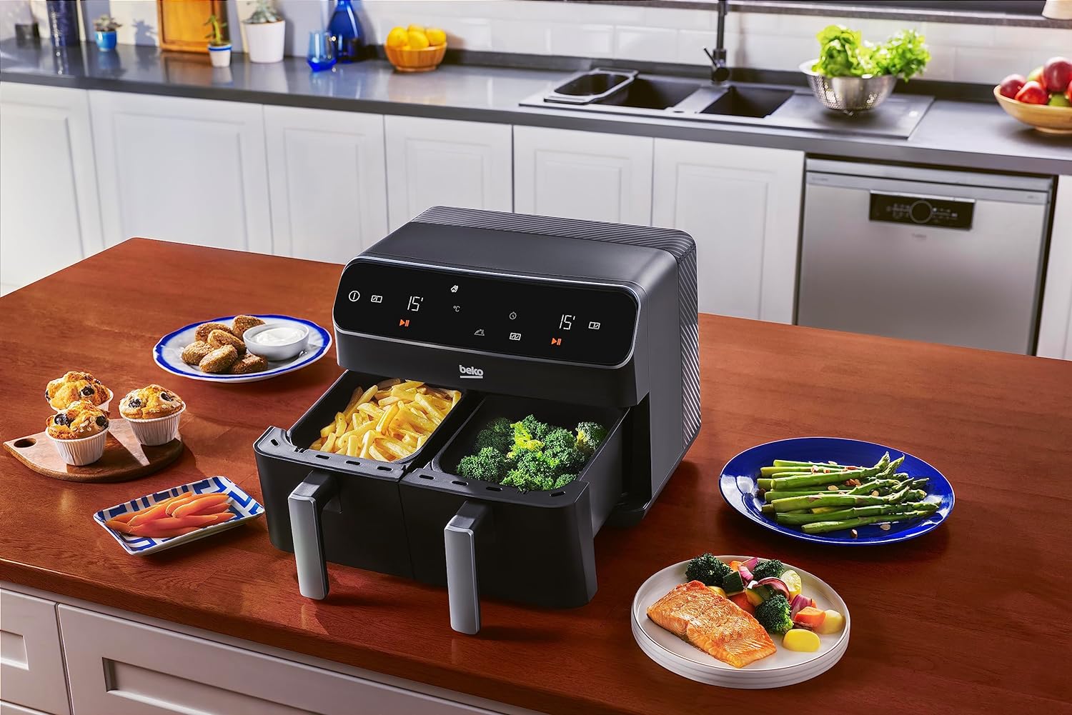 Beko Dual Zone Air fryer ExpertFry FRL5388B | 8.5L Capacity | Smart Finish | Match Cook | Wide LED Screen | 9 Automatic Cooking functions | Dehydrate | Air Fry