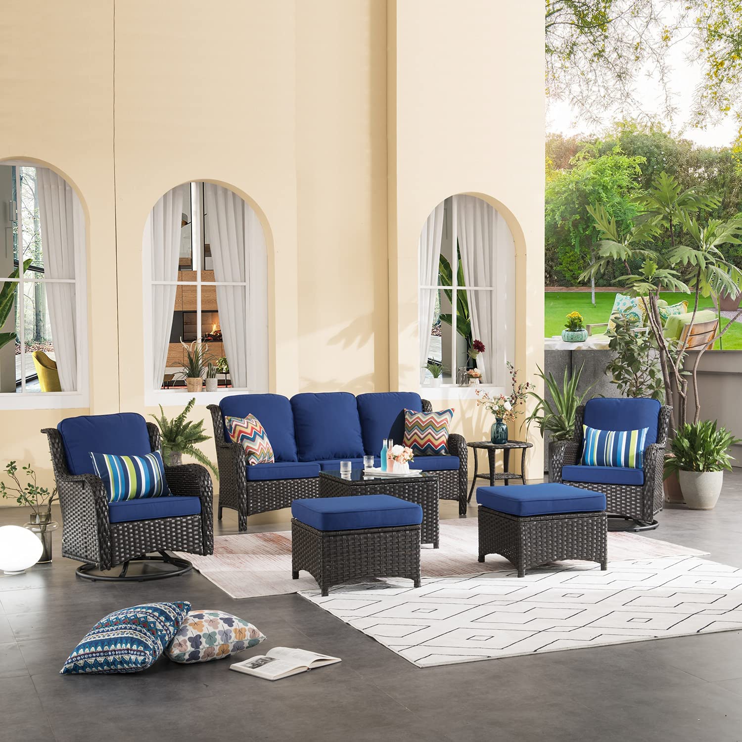 【Furniture】Patio Furniture Sets 7 Pieces Outdoor Furniture All Weather Wicker Conversation Set