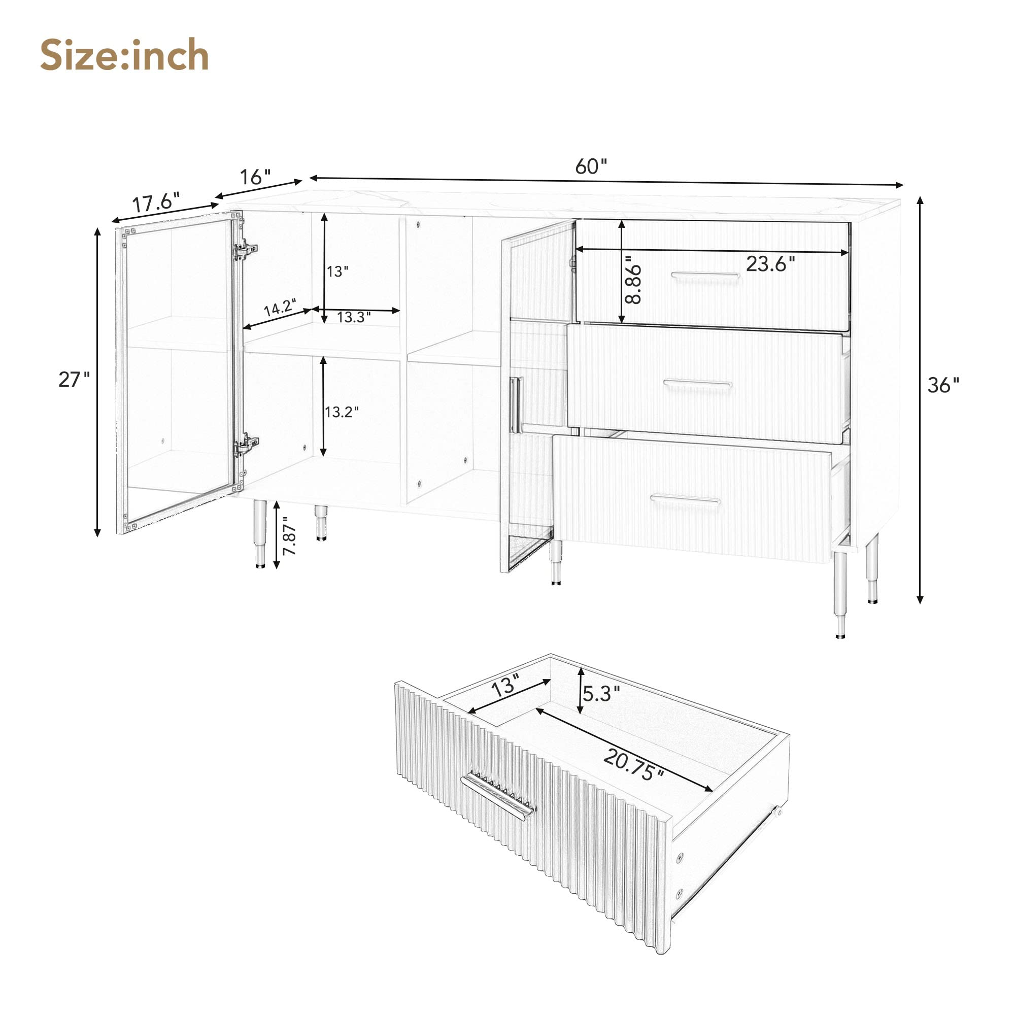 【Furniture】Modern Sideboard Cabinet Accent Buffet Storage Glass Doors Sideboard Cabinet Marble Top