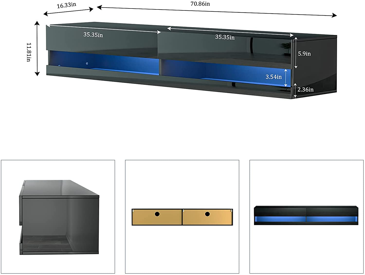 【Furniture】Floating TV Stand for TVs Up to 85 inch, 70 inch Wall Mounted Haning TV Stand with LED Lights