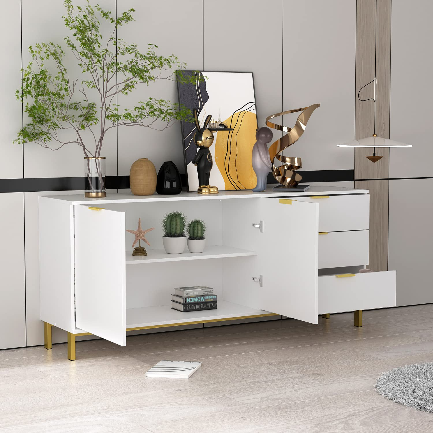 【Furniture】Buffet Sideboard with 3 Drawers & 2 Doors Storage, Buffet Cabinet Sideboard Credenza Coffee Bar Cabinet