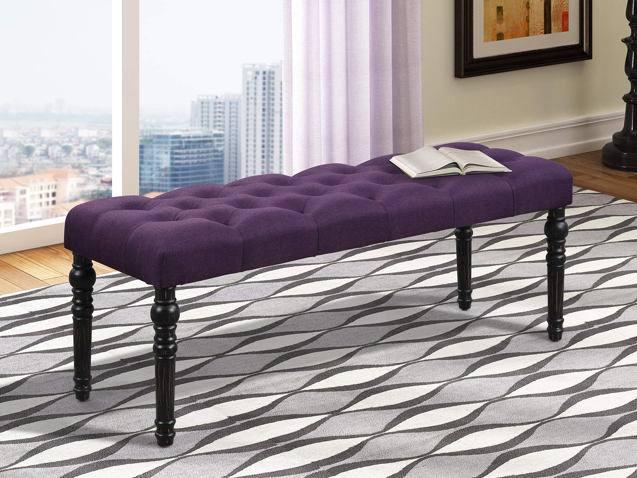 【Furniture】Aneta Urban Style Dark Washed Wood Dining Set: Table, 4 Chairs & Bench, Purple
