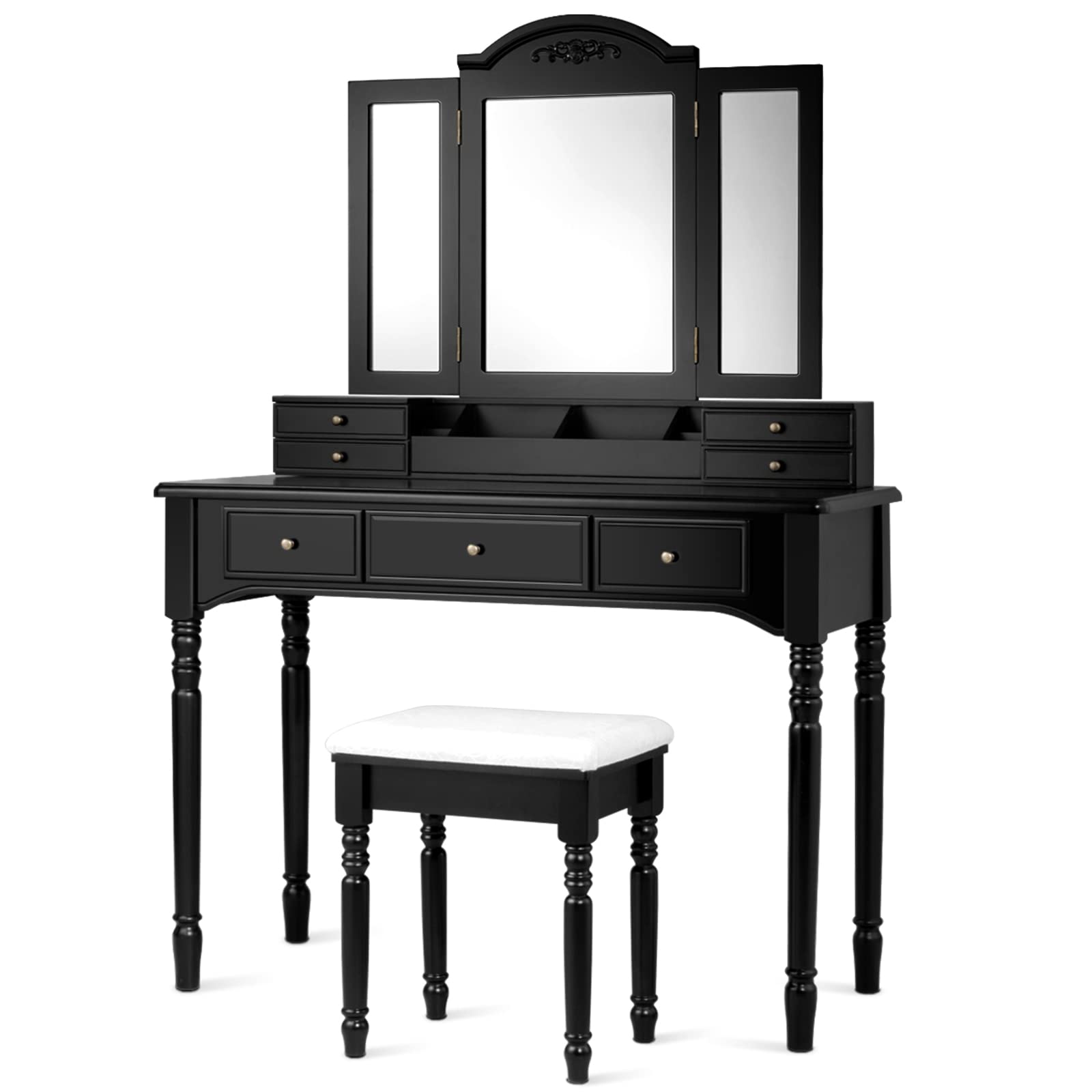 【Furniture】Vanity Desk Set, Dressing Table with Trifold Mirror, 8 Necklace Hooks, 7 Drawers