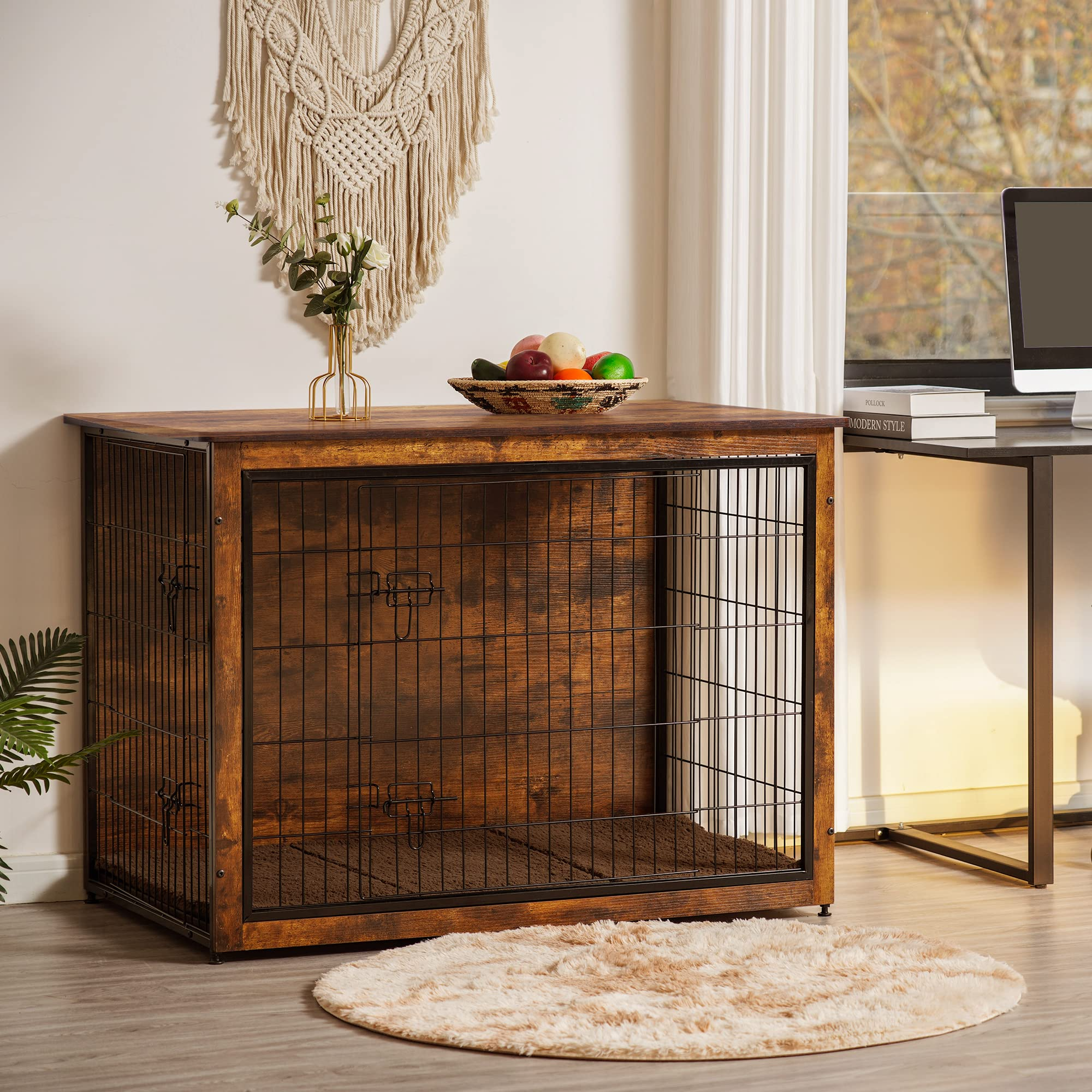 【Home&Garden】Dog Crate Furniture with Cushion, XL Wooden Dog Crate with Double Doors, Dog Furniture