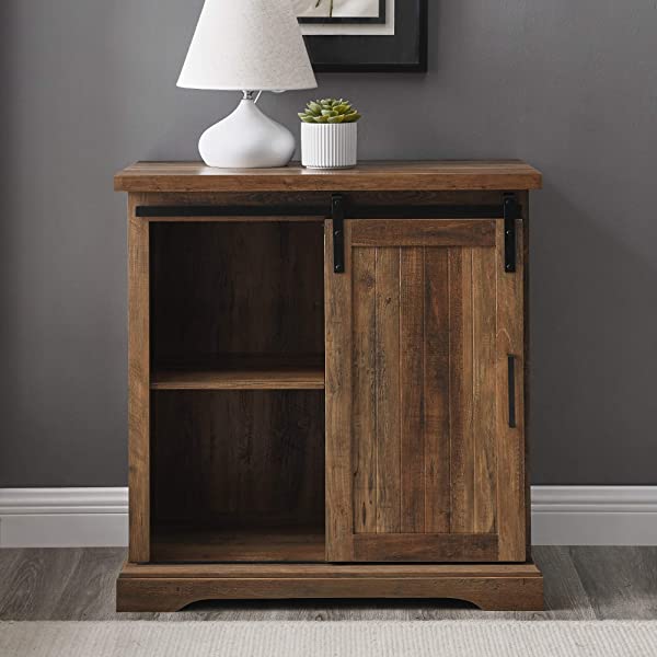 Walker Edison Beaumont Modern Farmhouse Sliding Slat Door Storage Cabinet, 32 Inch, White Oak White Oak Groove Door Cabinet