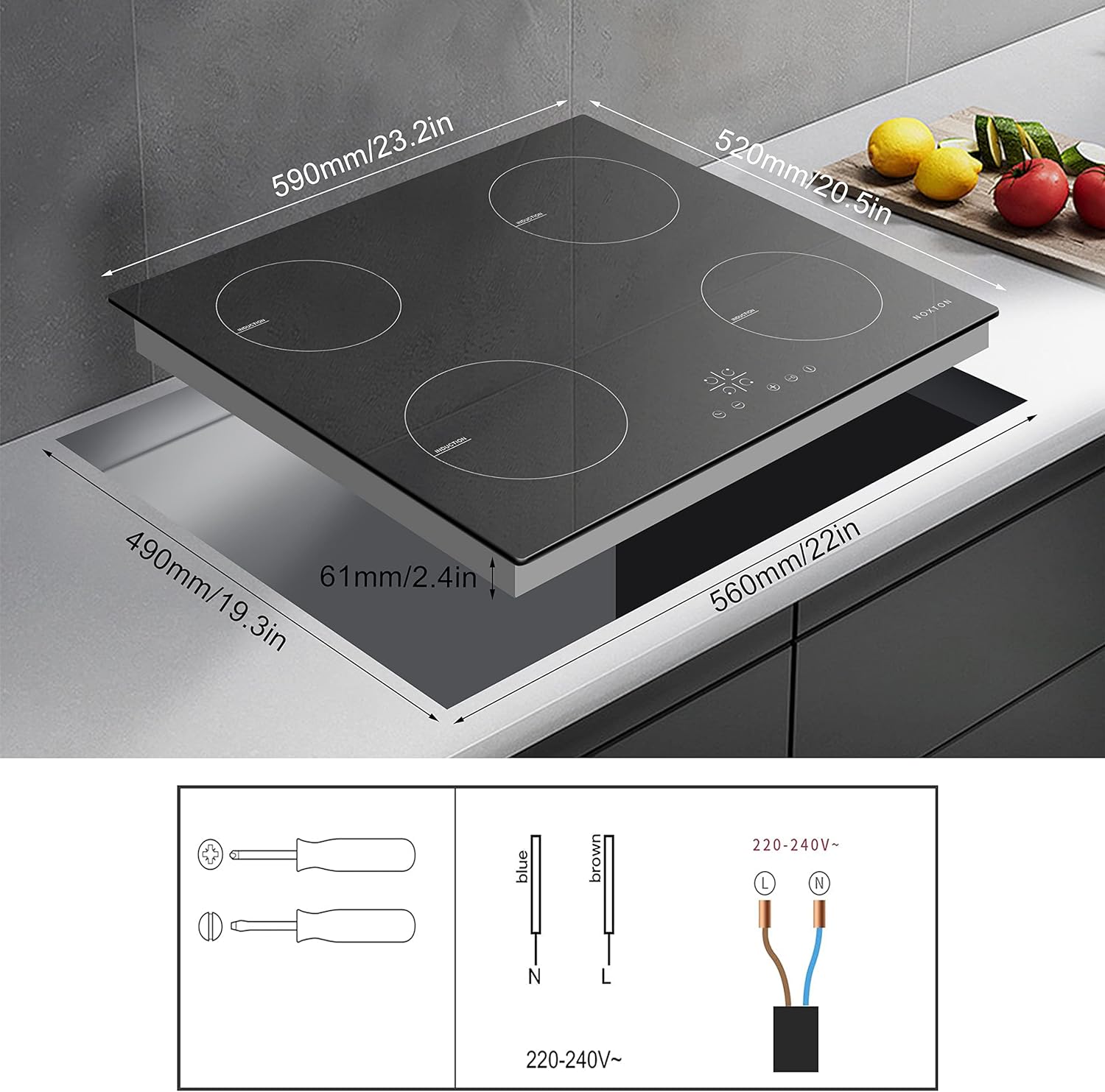 Noxton Plug in Induction Hob, 4 Zones Electric Hob 60cm, Touch Control with Child Safety Lock,UP to 99 Min Timer Black Crystal Glass