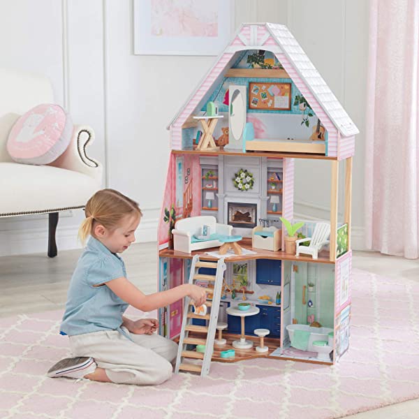 KidKraft Matilda Wooden Dollhouse with EZ Kraft Assembly, Balcony, Movable Staircase and 23 Accessories, Gift for Ages 3+ , Pink